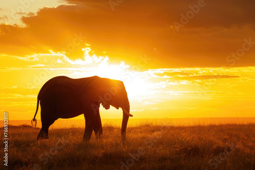 An awe-inspiring scene of an elephant against the backdrop of a vibrant African sunset © Veniamin Kraskov