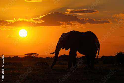 An awe-inspiring scene of an elephant against the backdrop of a vibrant African sunset © Venka