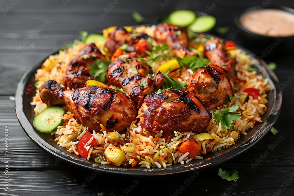 Front view dish of a plate of chicken mandi rice decorated with biryani rice with grilled chicken with vegetables on a black wooden background. Front view dish of a plate of chicken mandi rice decorated with biryani rice with grilled chicken with vegetables on a black wooden background.