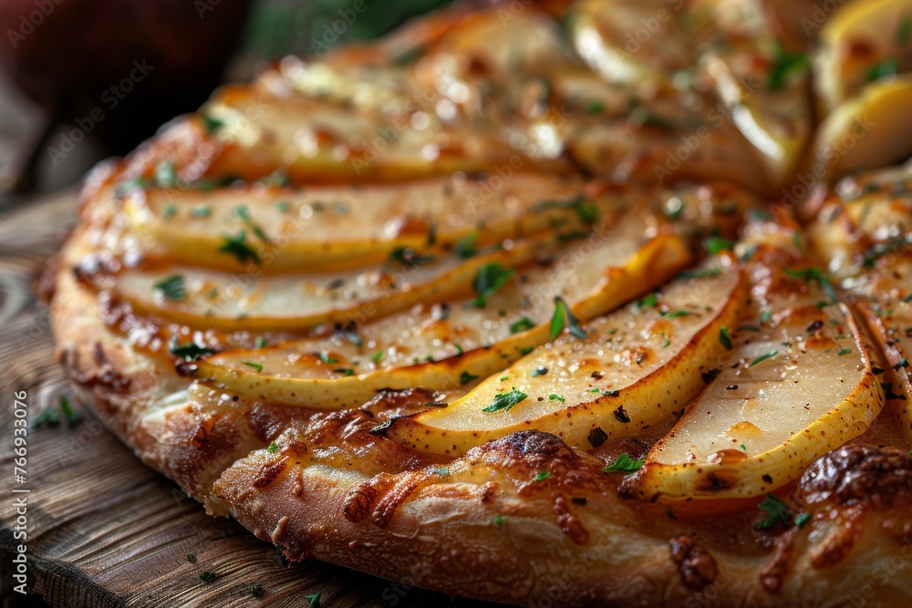 Pizza topped with caramelized pear slices Pizza topped with caramelized pear slices