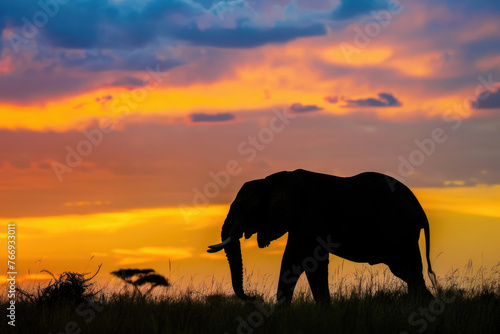 An awe-inspiring scene of an elephant against the backdrop of a vibrant African sunset