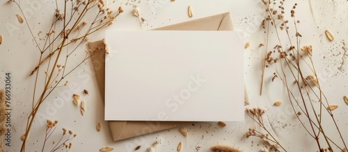 White paper with no text, dried grass for decoration on a beige surface. An invitation card displayed on a beige table for mockup purposes.
