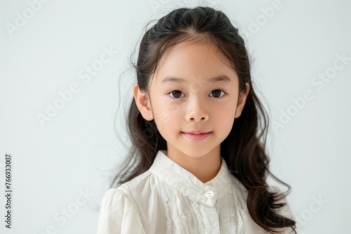 A young girl with long hair and a white shirt is smiling