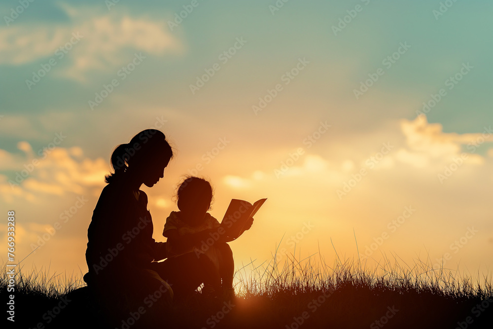 A silhouette of a mother and child reading a book