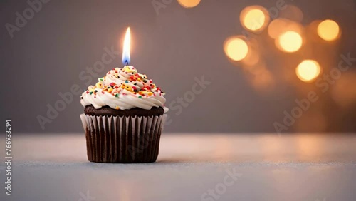 Birthday cupcake with lighted candle on top 4k Video. Happy birthday cake background