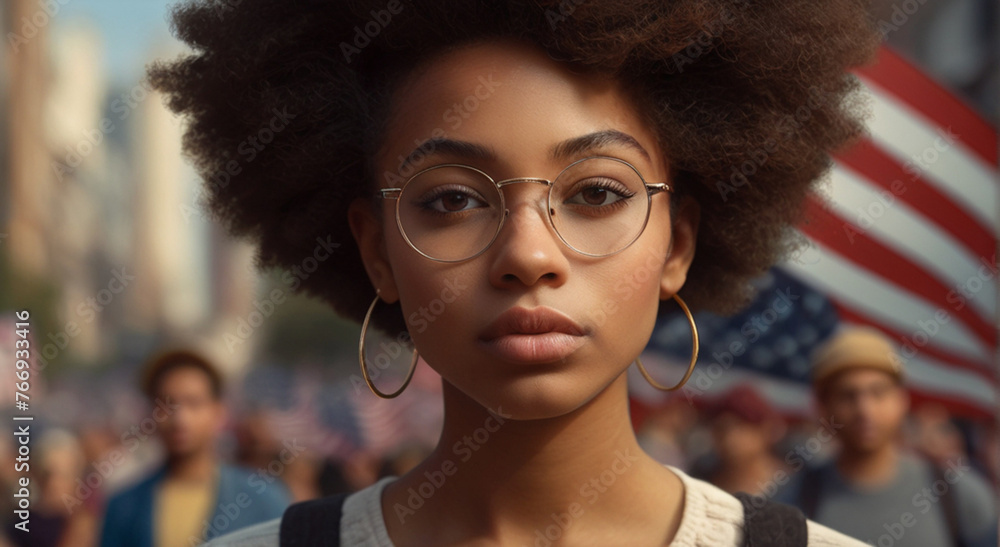 Portrait of beautiful Afro American young woman in front of american flag on the street in the crowd of protestors. Portrait of beautiful Afro American young woman in front of american flag on the street in the crowd of protestors.