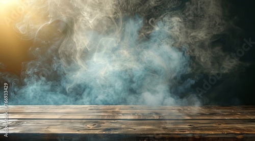 wooden table background with smoke