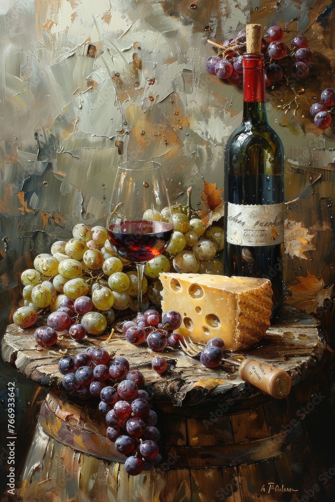 Oil painting with cheese, red wine and grapes on a wooden barrel