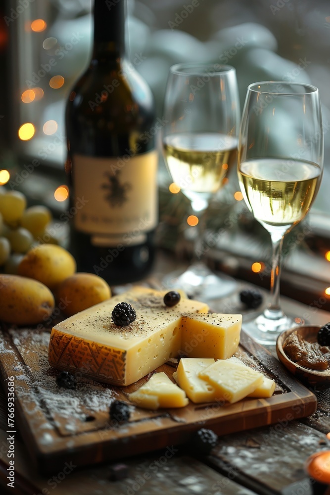 Pieces of cheese on a board with glasses of white wine