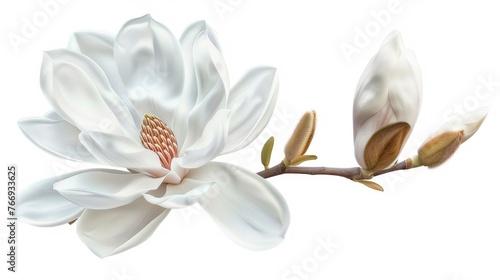 photo of a blooming Magnolia flower with white petals on an AI generated image with a white background.