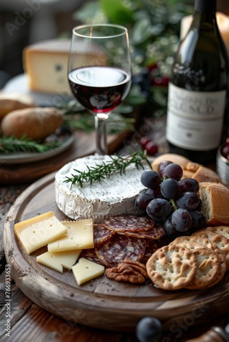 Cheese plate with different types of cheese on a wooden plate with a glass of red wine