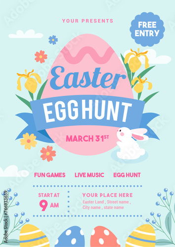 Easter egg hunt invitation poster vector illustration. Colorful Easter eggs and spring flowers