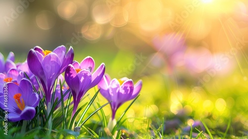 Purple Blooming Crocus Flowers on Bright Spring Background, AI generated image.
