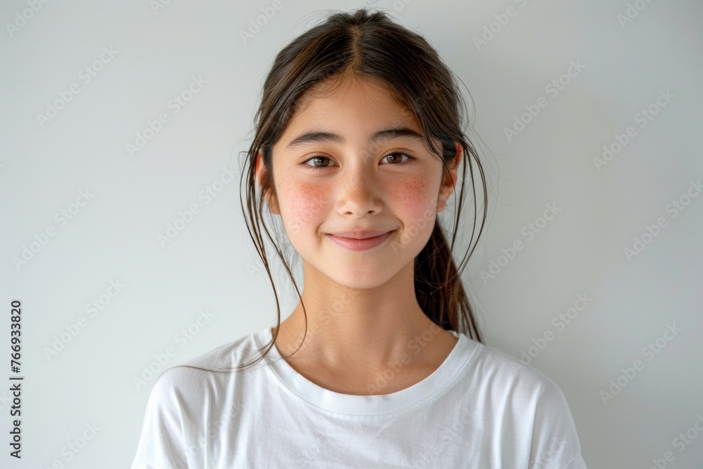 A young girl with long dark hair and a white shirt is smiling at the camera A young girl with long dark hair and a white shirt is smiling at the camera