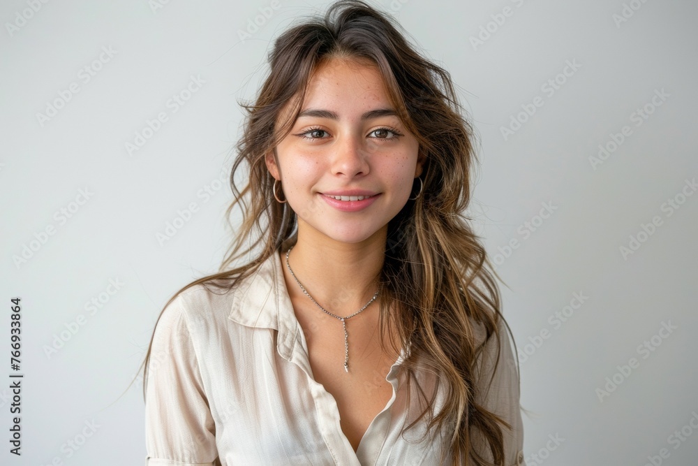 A woman with long brown hair and a necklace is smiling A woman with long brown hair and a necklace is smiling