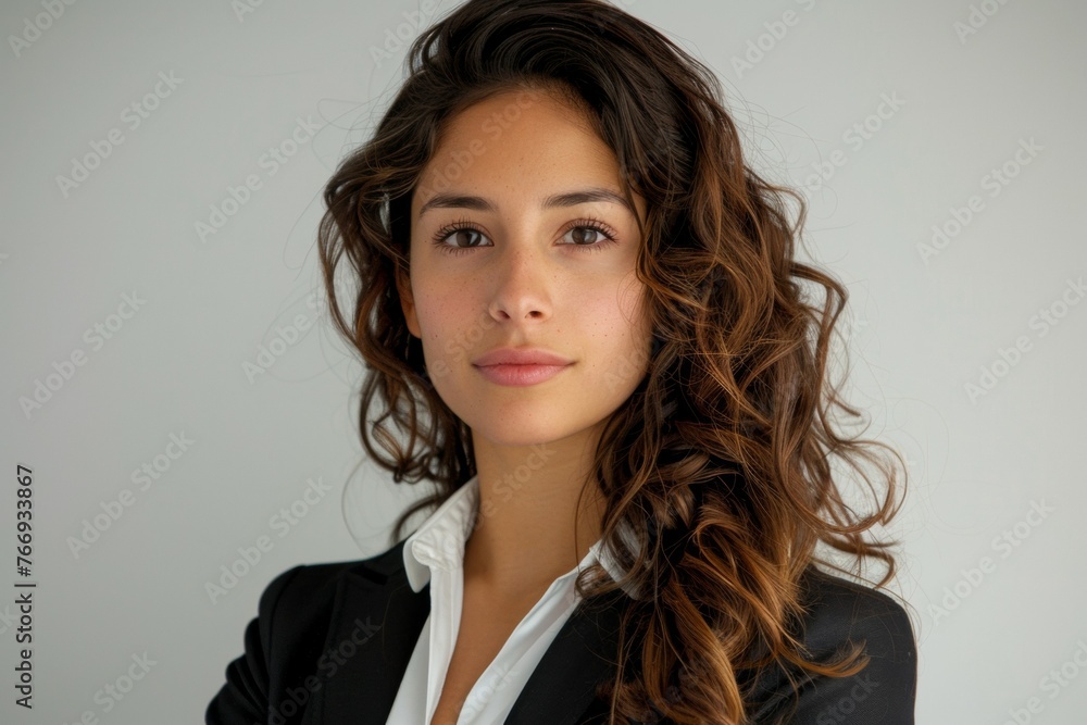 A woman with long brown hair and a black suit is posing for a photo A woman with long brown hair and a black suit is posing for a photo