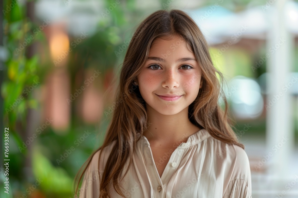 A girl with long brown hair is smiling for the camera A girl with long brown hair is smiling for the camera