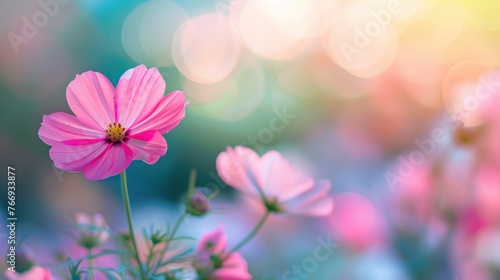 image of pink blooming flowers illuminated by sunlight. AI generated images