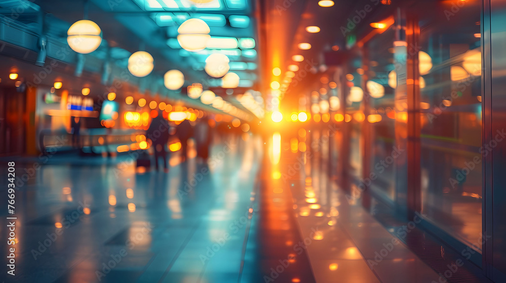 Warm-toned blurry view of people at an airport departure gate, conveying travel and motion