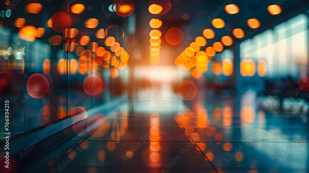 Warm-toned blurry view of people at an airport departure gate, conveying travel and motion