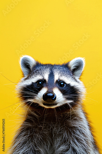 A close-up portrait of a cute and funny raccoon against a yellow background