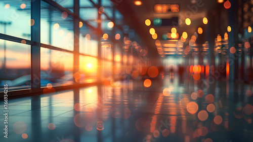 Warm-toned blurry view of people at an airport departure gate, conveying travel and motion © PLATİNUM