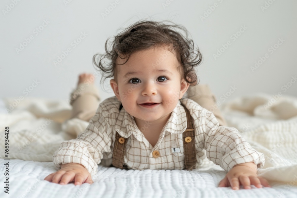 A baby is laying on a bed with a smile on his face A baby is laying on a bed with a smile on his face