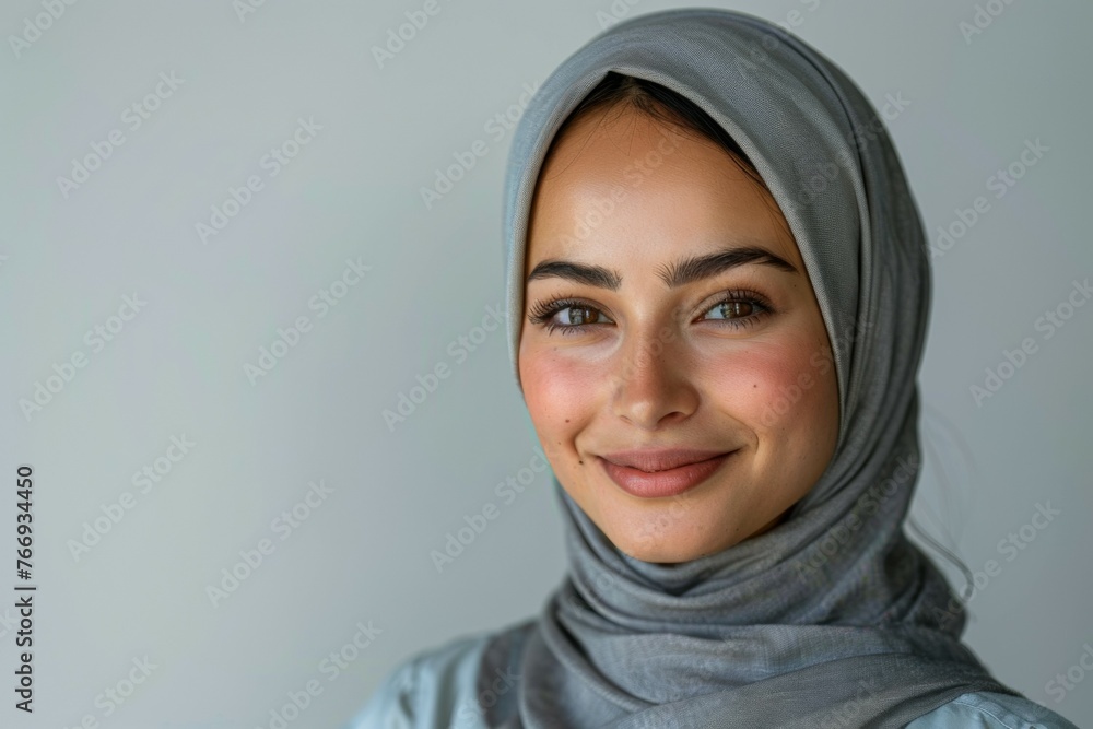 A woman wearing a grey scarf with her eyes closed A woman wearing a grey scarf with her eyes closed
