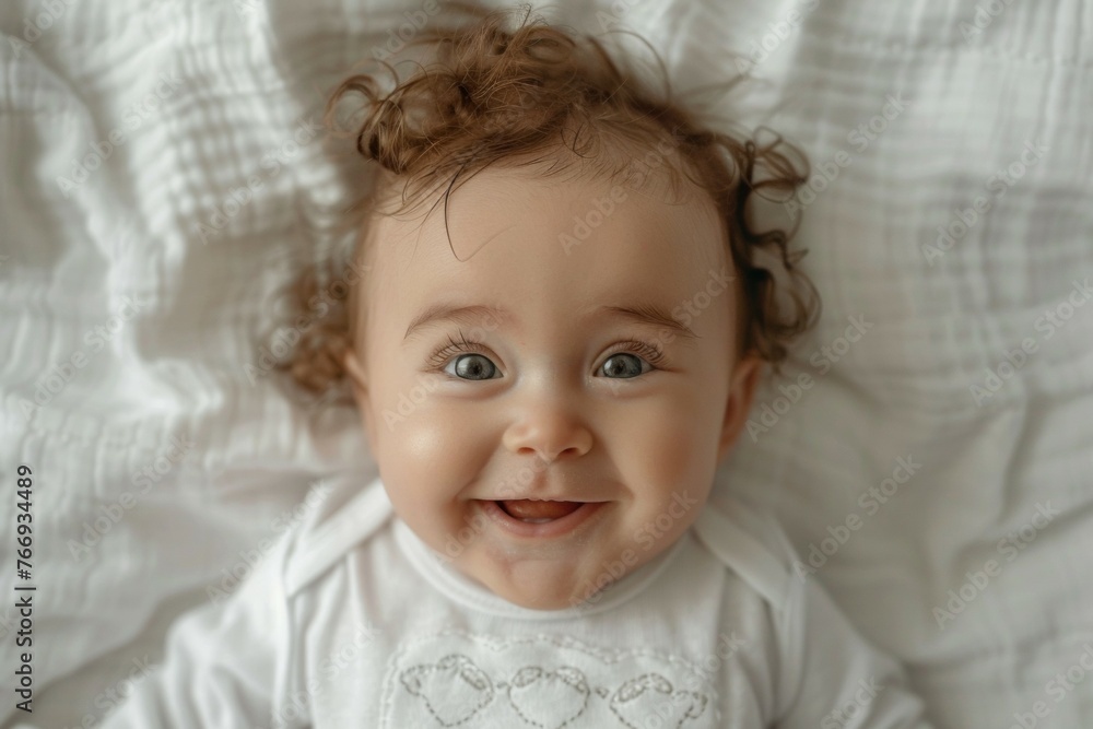 A baby is smiling and looking at the camera A baby is smiling and looking at the camera