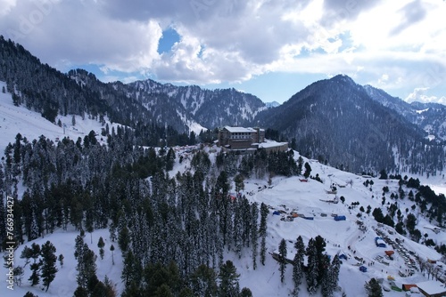 Snow covered Malam Jabba hill station town and ski resort in Himalayan Mountains