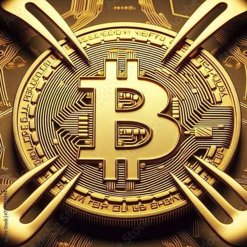 A golden Bitcoin is encircled by silver forks  suggesting a protective or possibly restrictive financial ecosystem. The symmetrical arrangement hints at stability and order within the volatile crypto