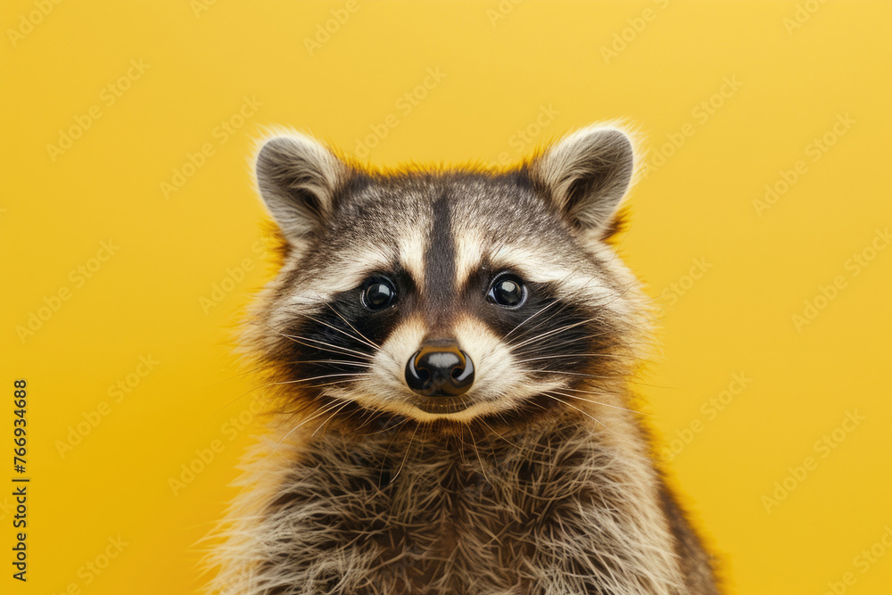 A close-up portrait of a cute and funny raccoon against a yellow background