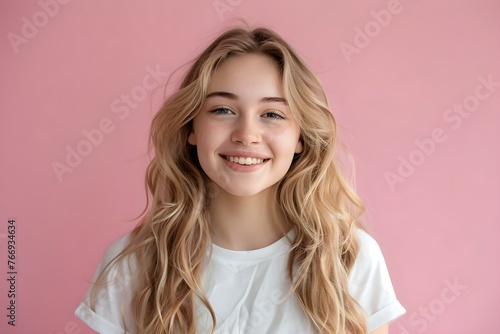 A smiling young woman with long blonde hair against a pastel background perfect for hair care products. Concept Portrait Photography  Hair Care Products  Pastel Background  Smiling Woman  Blonde Hair