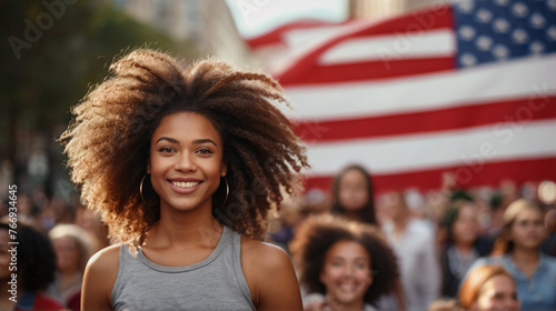 Portrait of beautiful Afro American young woman in front of american flag on the street in the crowd of protestors. photo