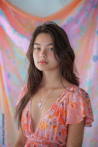 A young woman with long brown hair wearing a floral patterned dress stands confidently against a soft, pastel-colored backdrop with a flowing fabric.