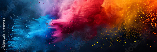  colorful rainbow holi paint color powder explosion isolated on black background. Generative AI