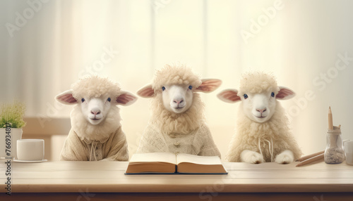 Three sheep are sitting on a table with a book in front of them © terra.incognita