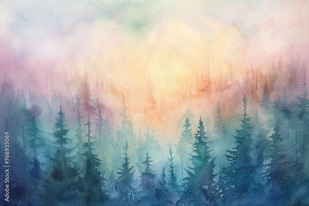 A watercolor painting of a sunrise over the forest, with delicate pastel - obrazy, fototapety, plakaty 