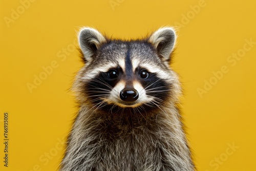 A close-up portrait of a cute and funny raccoon against a yellow background © Veniamin Kraskov