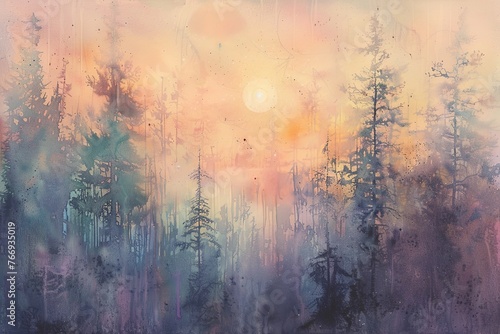 A watercolor painting of a sunrise over the forest, with delicate pastel © EnelEva