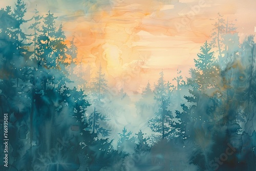 A watercolor painting of a sunrise over the forest  with delicate pastel