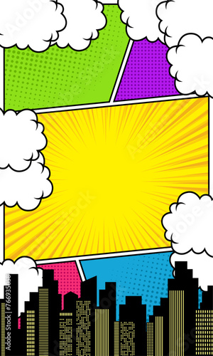 Colorful comic scene magazine with cloud and city silhouette