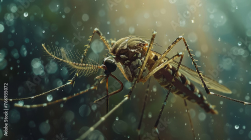 Close-up of a mosquito with detailed textures, backlit by a soft glow, with water droplets suspended in the background creating a bokeh effect.