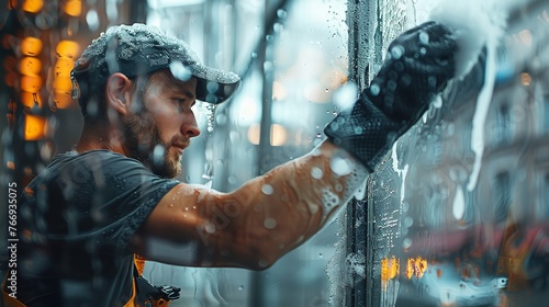 Man-serving expert cleaning service from specialized equipment, a worker wearing overalls cleans the store's exterior glass and space, Generative AI. photo