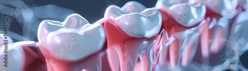Show a tooth in 3D receiving a nanohydroxyapatite treatment to fill microscopic holes and reduce sensitivity