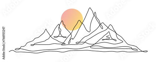 Single continuous line art illustration of a mountain range with a soft gradient sun rising in the background. The simple black line with the pastel toned sun conveys a serene morning