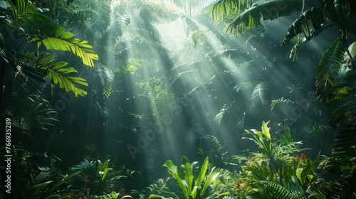 Lush green foliage in a dense jungle with rays of sunlight piercing through the mist  highlighting the intricate details of the tropical plants.