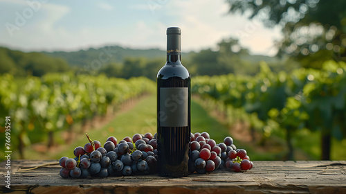 Elegant bottle of red wine with ripe grapes on a rustic wooden table against a vineyard background