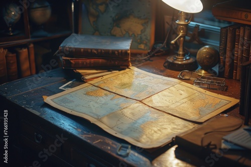A travel agencys relic, an old map on a desk, covered in dust, illuminated by a flickering lamp