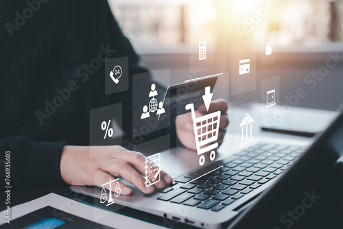 online shopping concept, marketplace website with virtual interface of online Shopping cart part of the network, Online shopping business with selecting shopping cart.
